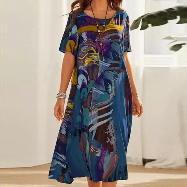 Scoop Neck Short Sleeve Shift Midi Summer Dress