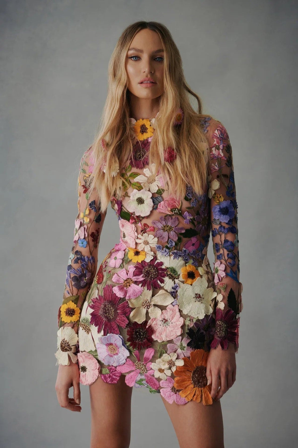 Mock Neck Long Sleeve Floral Embroidered Mesh Bodycon Mini Dress - View 6