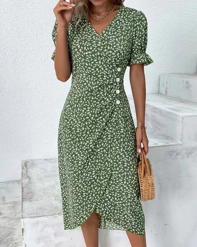Short Puff Sleeve Lettuce Edge Cuff Bodycon Midi Dress - View 3