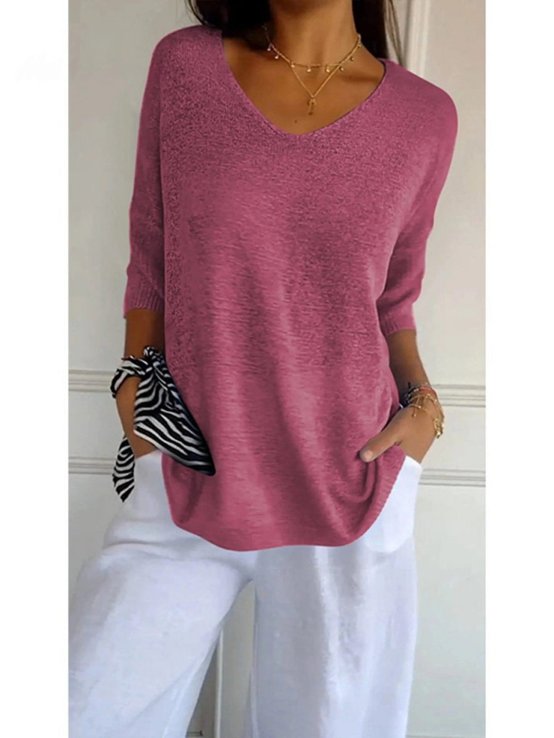 V-Neck Batwing Sleeve Ribbed Hem Loose Knit Top 5