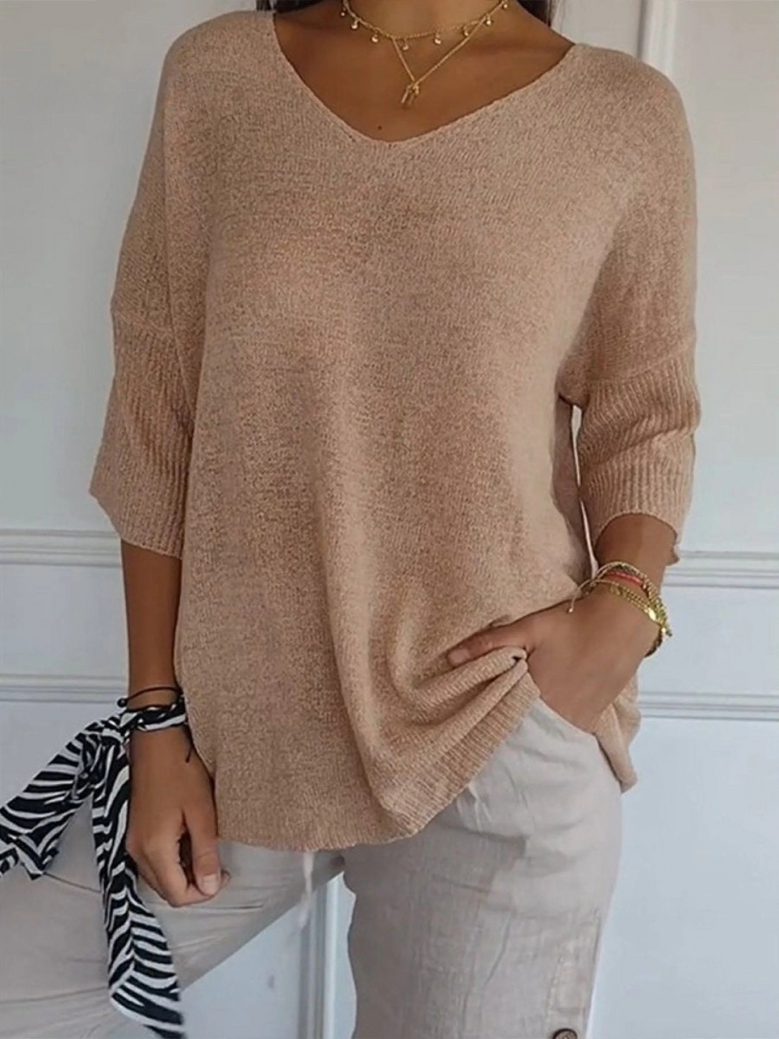 V-Neck Batwing Sleeve Ribbed Hem Loose Knit Top 9