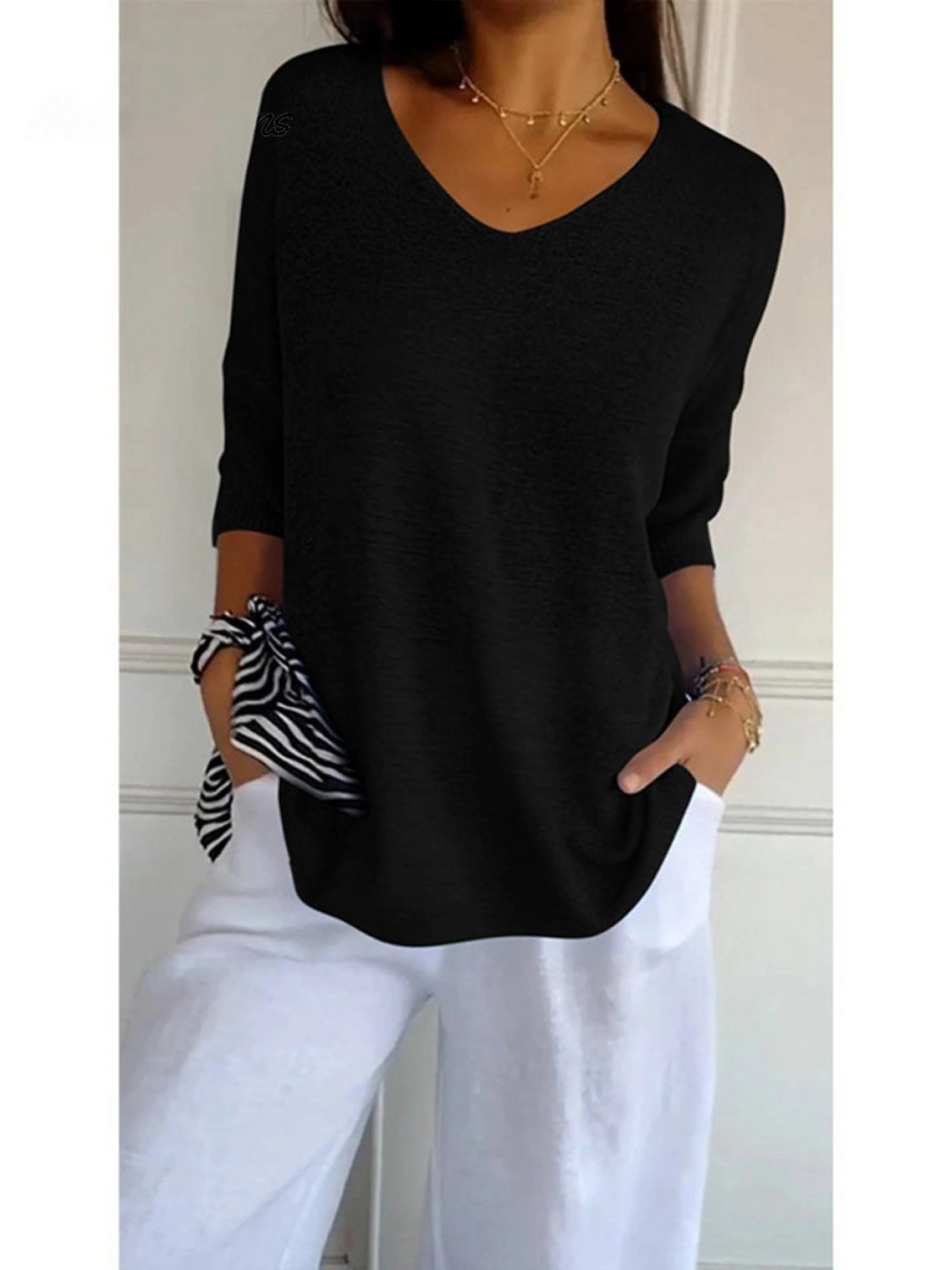 V-Neck Batwing Sleeve Ribbed Hem Loose Knit Top 7