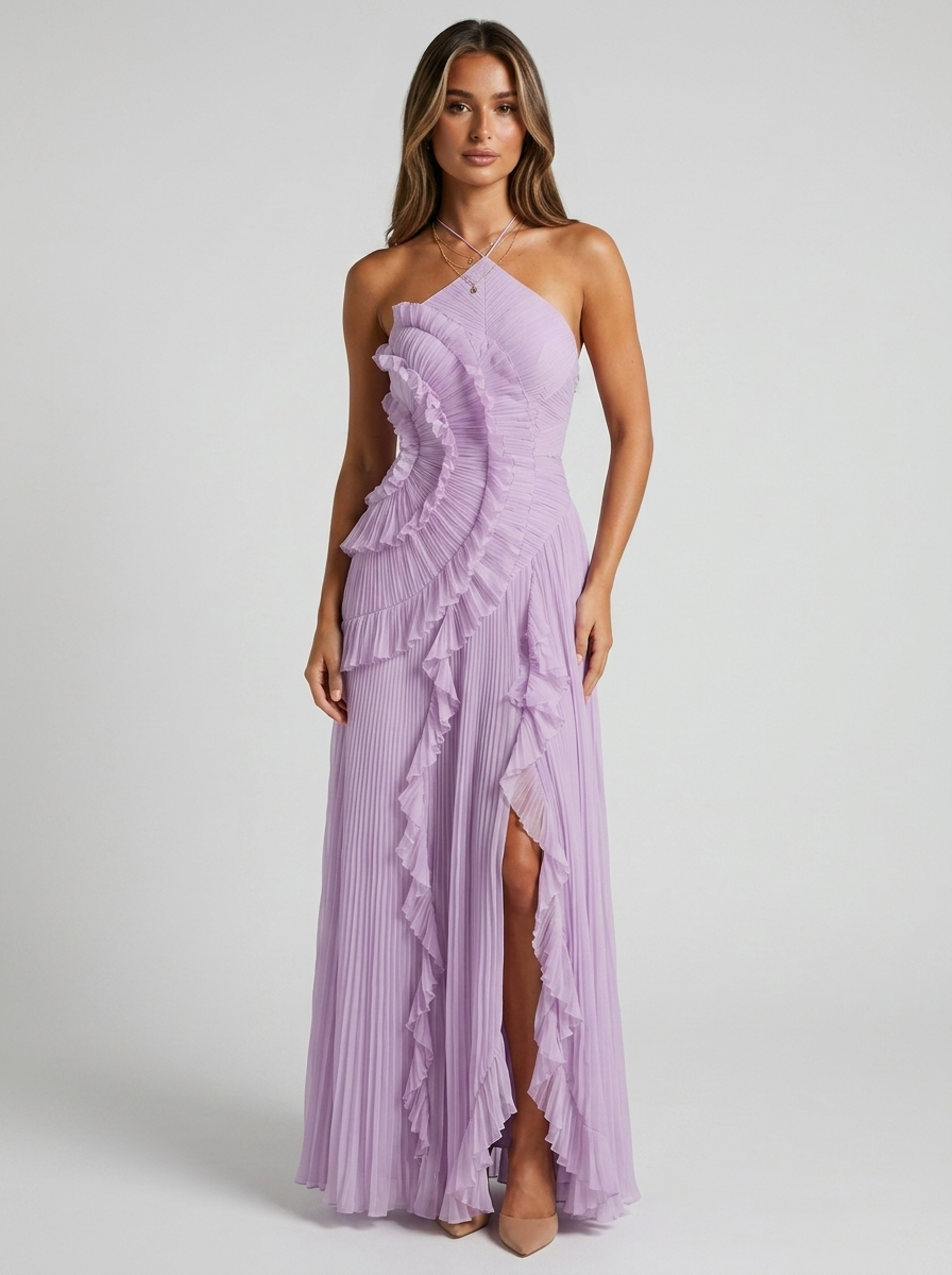 Halter Neck Pleated Ruffle High Split Maxi Dress