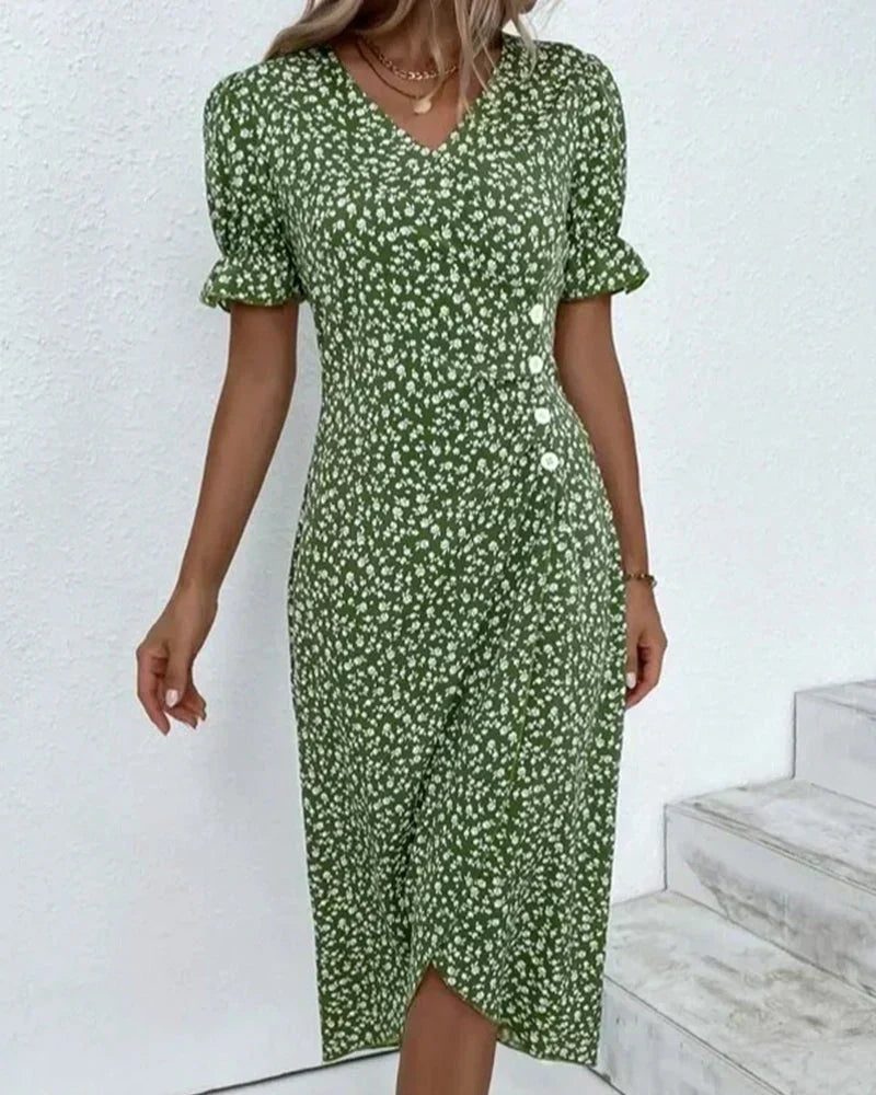 Short Puff Sleeve Lettuce Edge Cuff Bodycon Midi Dress - View 2