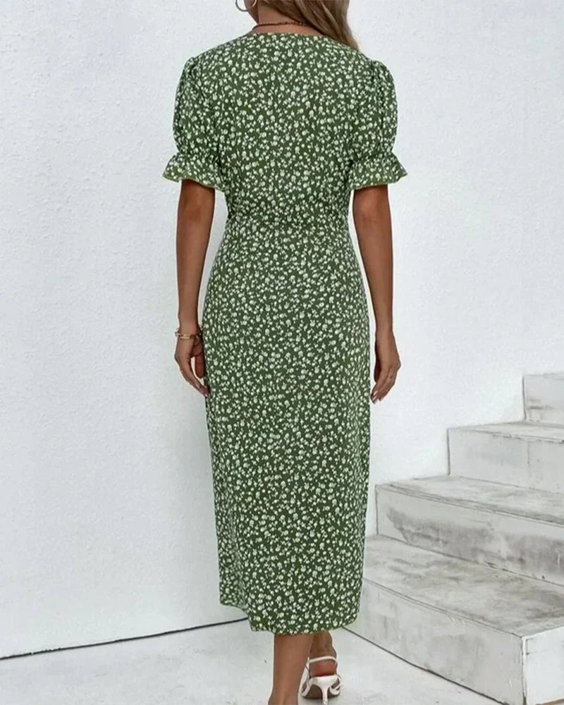 Short Puff Sleeve Lettuce Edge Cuff Bodycon Midi Dress