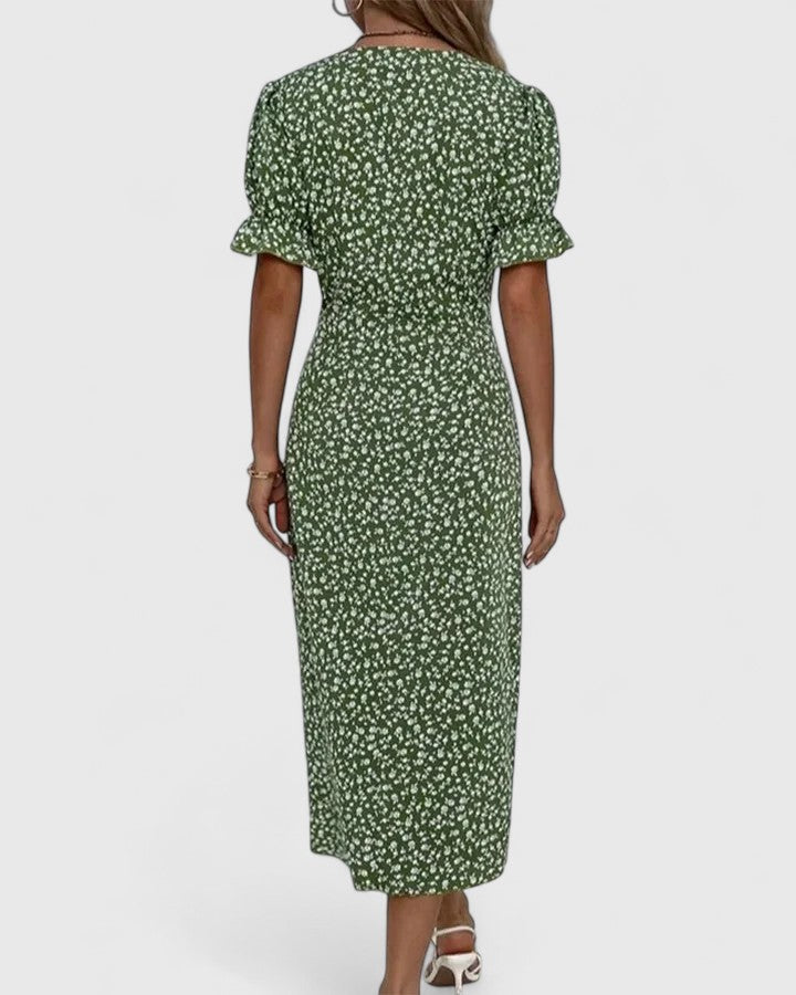Ditsy Floral V-Neck Short Sleeve Button Wrap Midi Dress 4