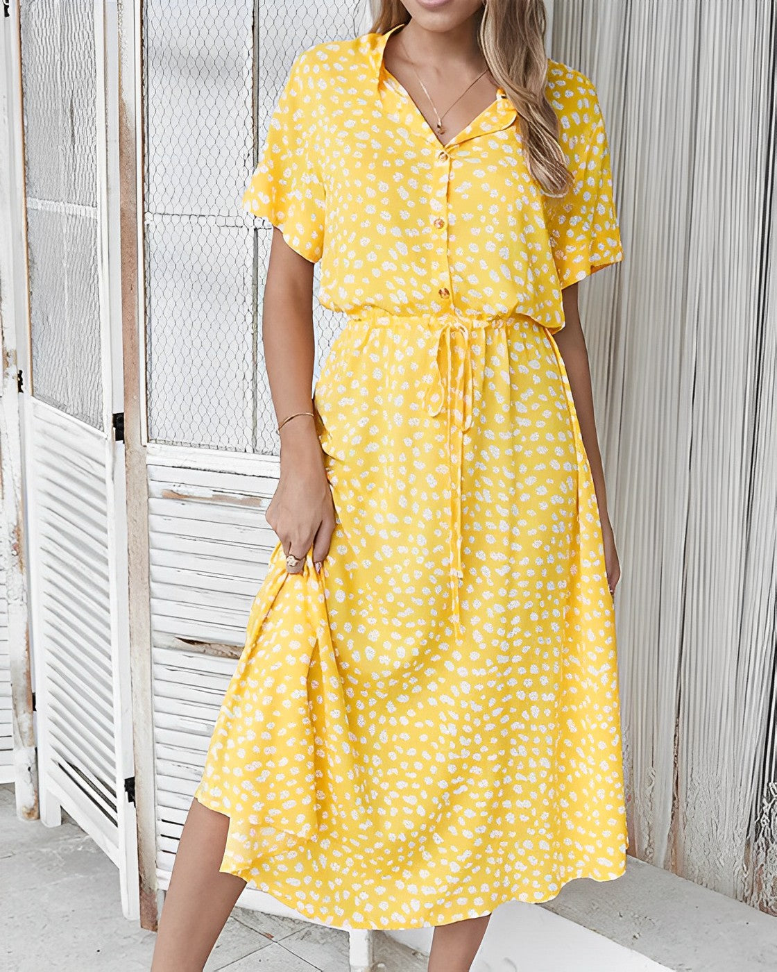 Leopard Print Short Sleeve Button Down A-Line Midi Dress - View 2