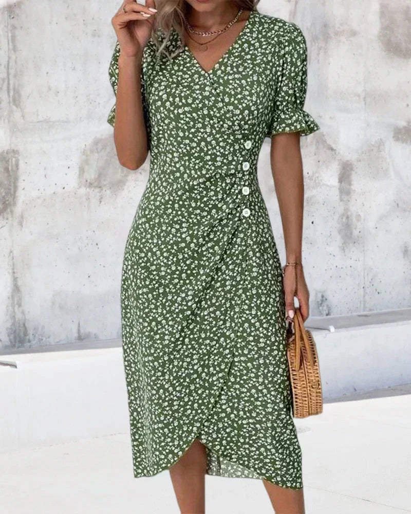 Short Puff Sleeve Lettuce Edge Cuff Bodycon Midi Dress - View 4