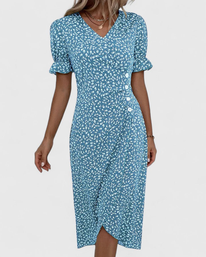 Ditsy Floral V-Neck Short Sleeve Button Wrap Midi Dress 5