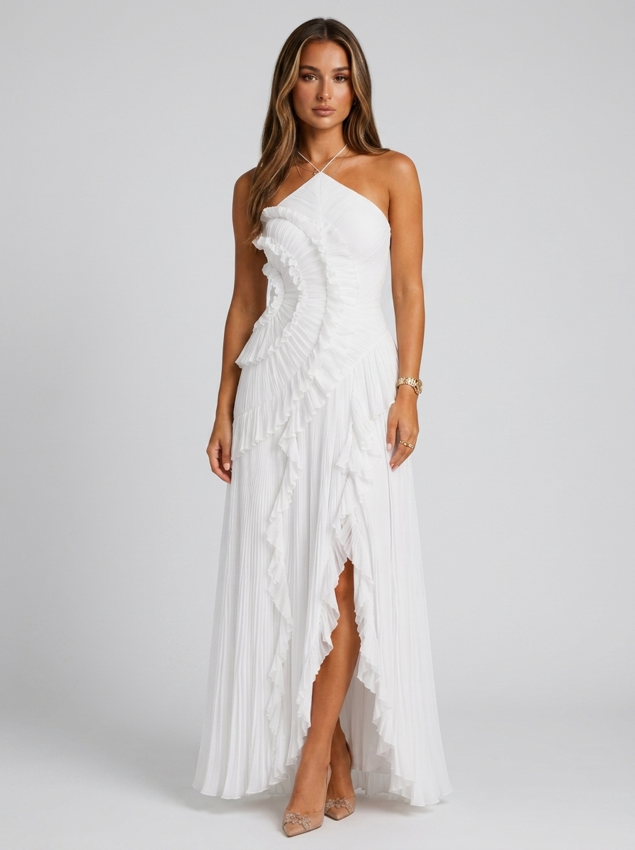 Halter Neck Pleated Ruffle High Split Maxi Dress 4
