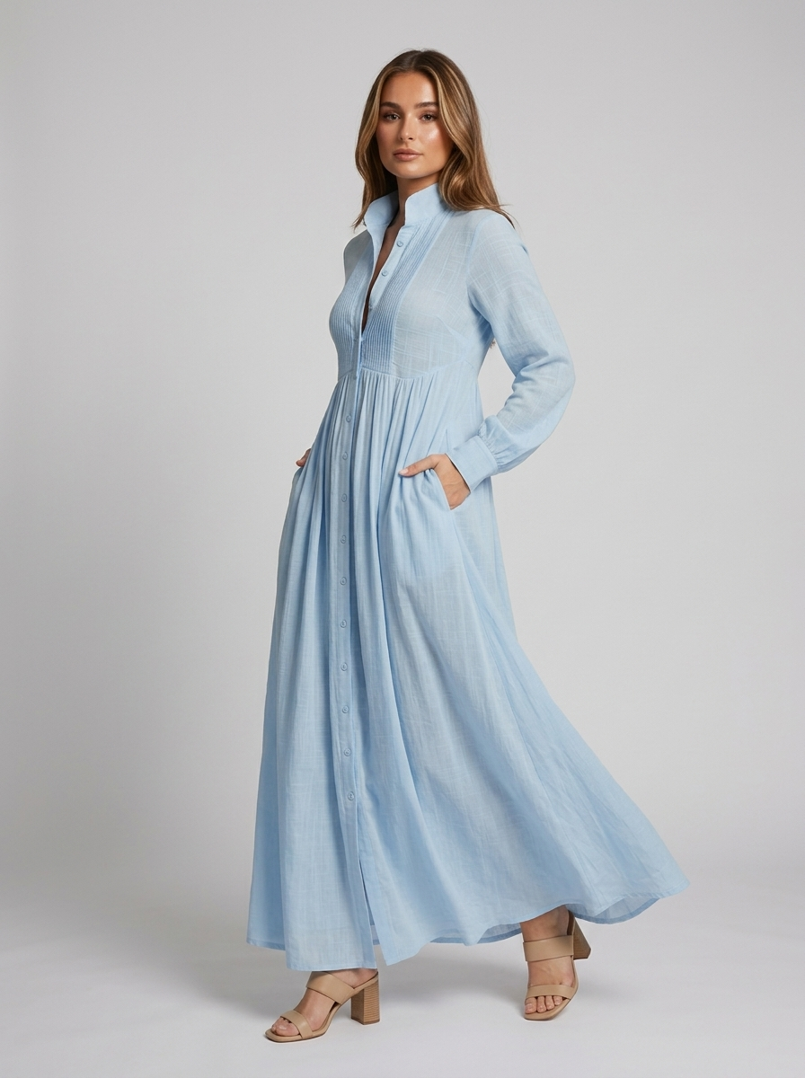 Button Front Long Sleeve Pintuck Flowy Maxi Dress 6