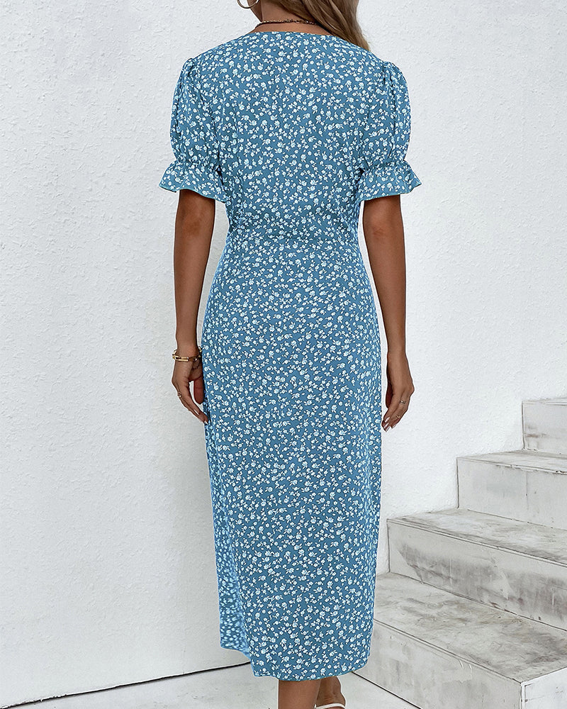 Ditsy Floral V-Neck Ruffle Sleeve Button Wrap Midi Dress 7
