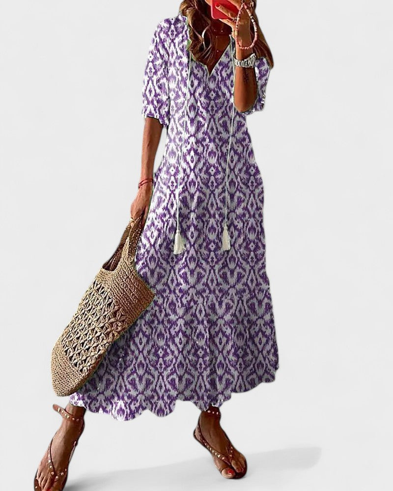 Ikat Print Split Neck Tassel Tie Tiered Maxi Dress 3