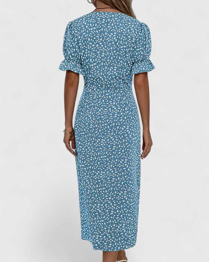 Ditsy Floral V-Neck Short Sleeve Button Wrap Midi Dress 8