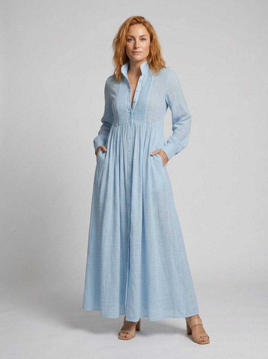 Button Front Long Sleeve Pintuck Flowy Maxi Dress 2