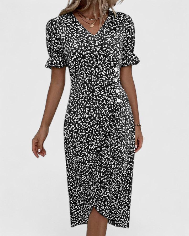 Ditsy Floral V-Neck Short Sleeve Button Wrap Midi Dress 9