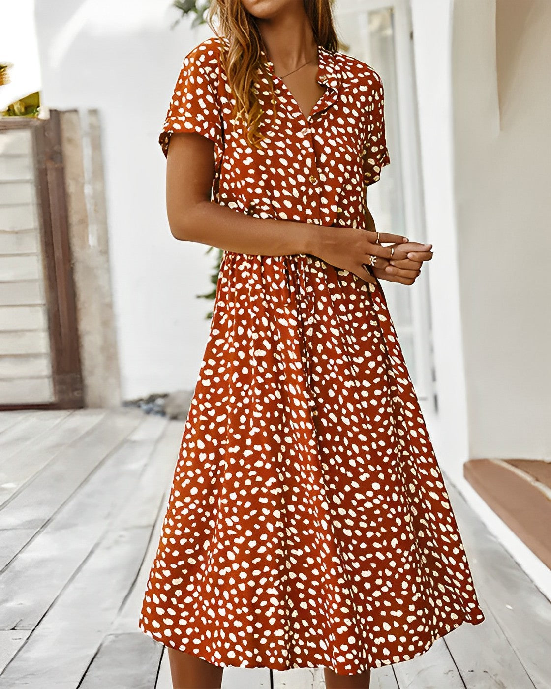 Leopard Print Short Sleeve Button Down A-Line Midi Dress - View 4