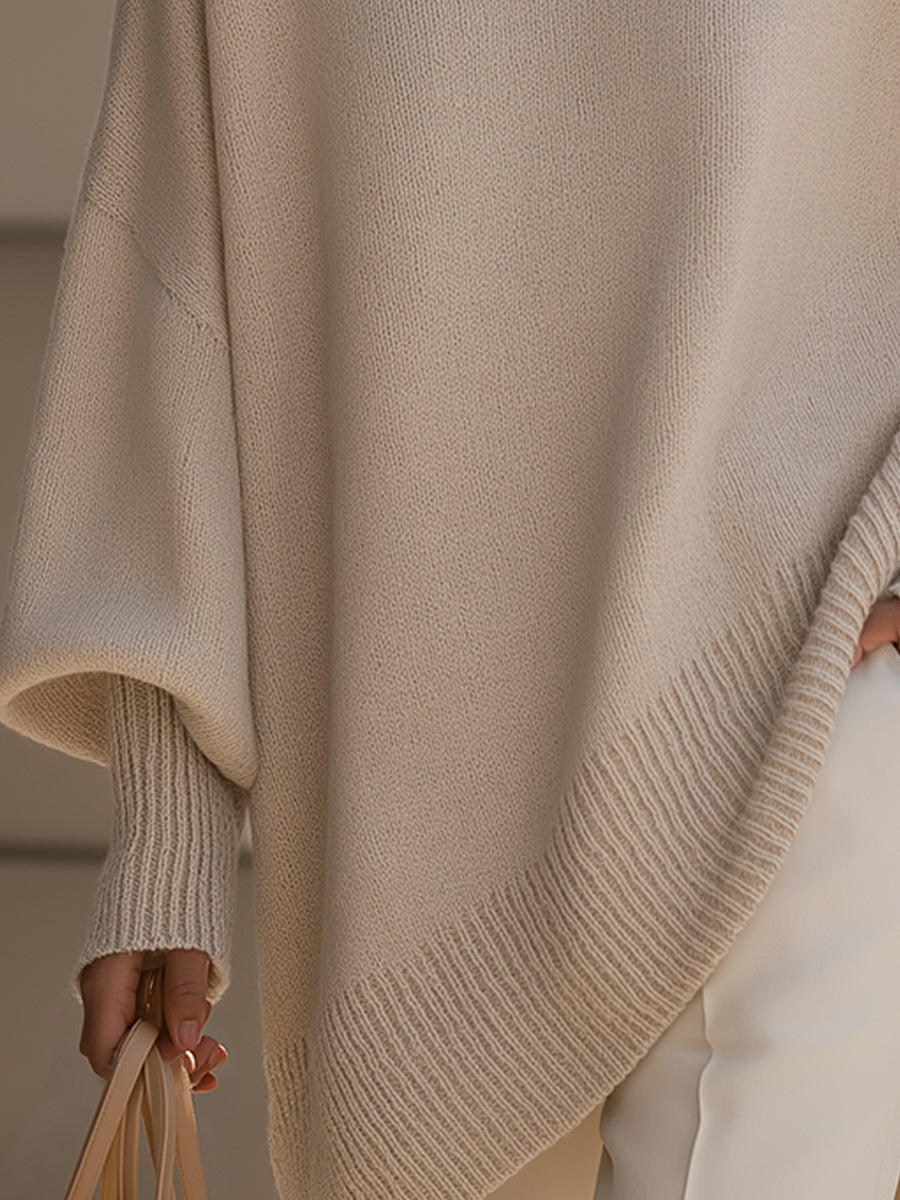 Mock Neck Oversized Asymmetric Hem Ribbed Poncho Sweater 7