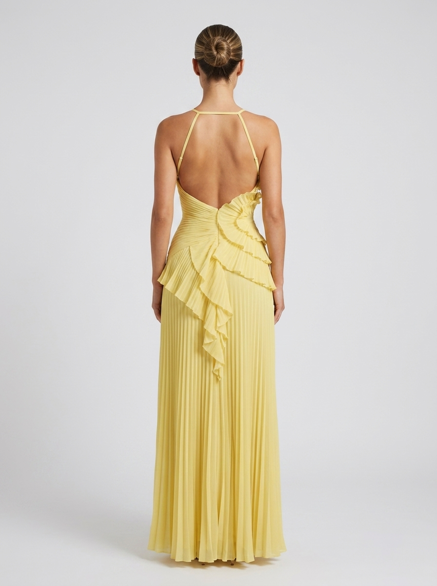 Halter Neck Pleated Ruffle High Split Maxi Dress 8