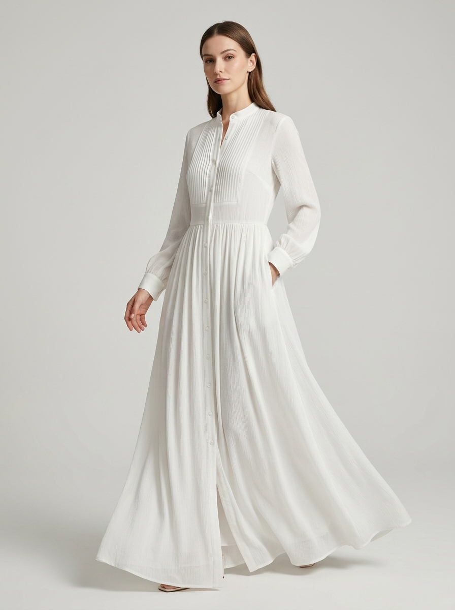 Button Front Long Sleeve Pintuck Flowy Maxi Dress 4
