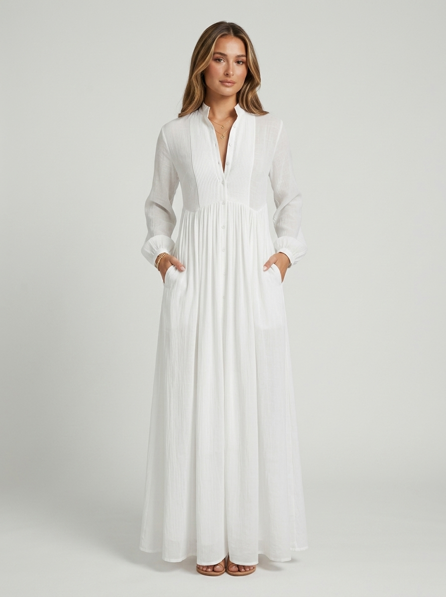 Button Front Long Sleeve Pintuck Flowy Maxi Dress