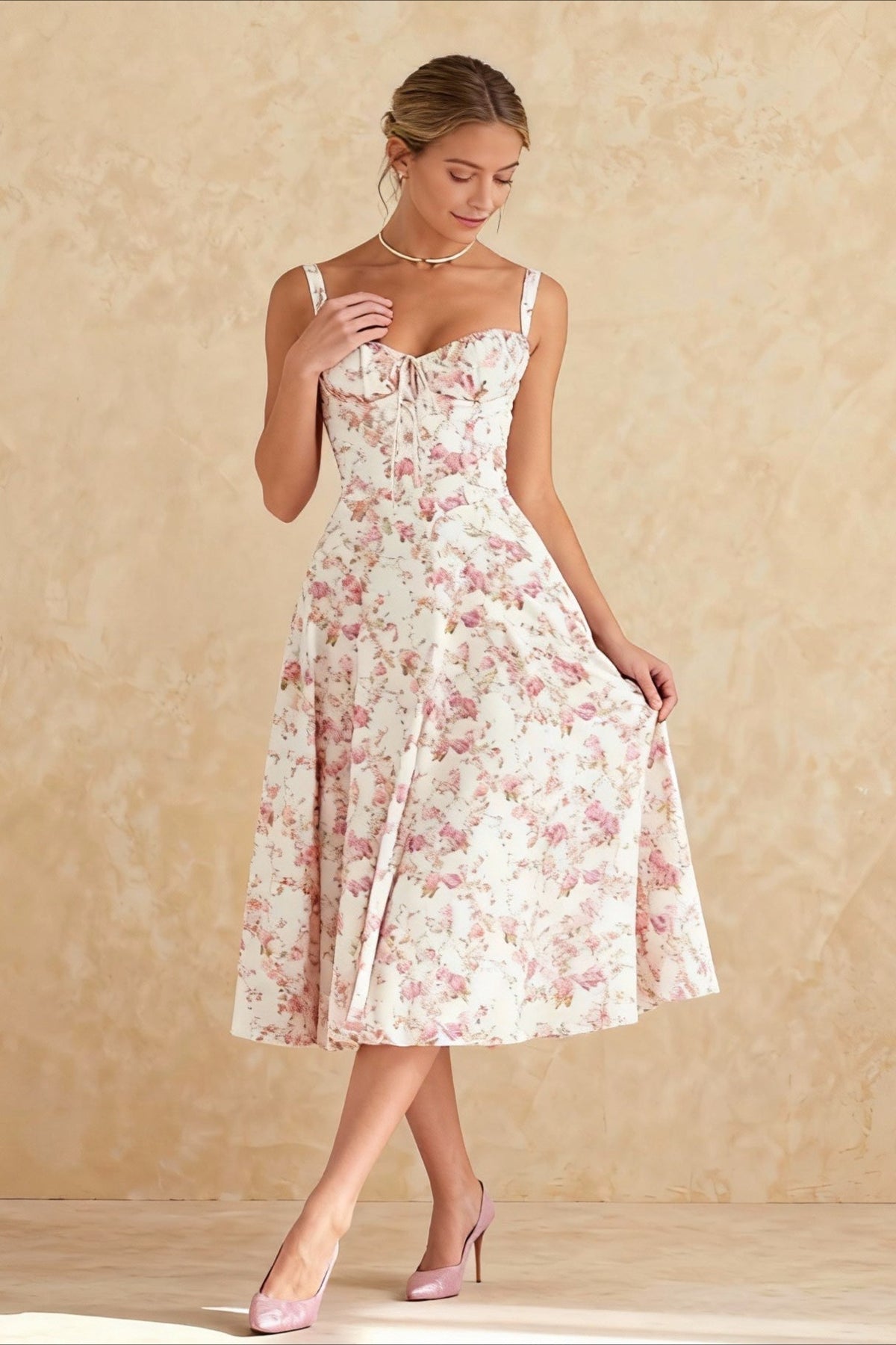 Sweetheart Spaghetti Strap Floral Tie Front A-Line Midi Dress 2