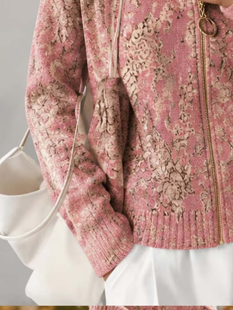 Floral Print High Neck Full Zip Long Sleeve Knit Cardigan 5