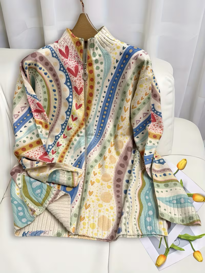 Paisley Print Quarter Zip Mock Neck Knit Cardigan 3
