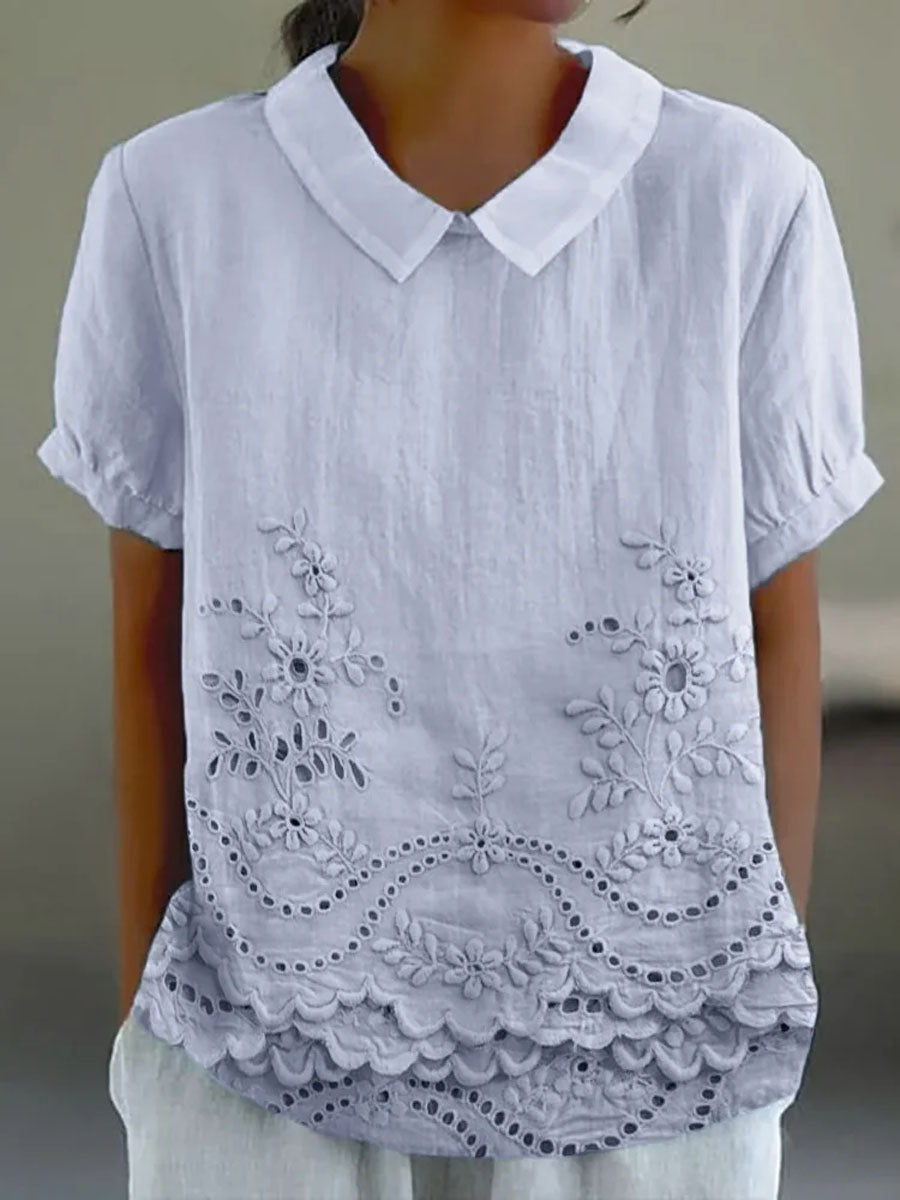 Collared Short Sleeve Eyelet Embroidered Scalloped Hem Blouse 4