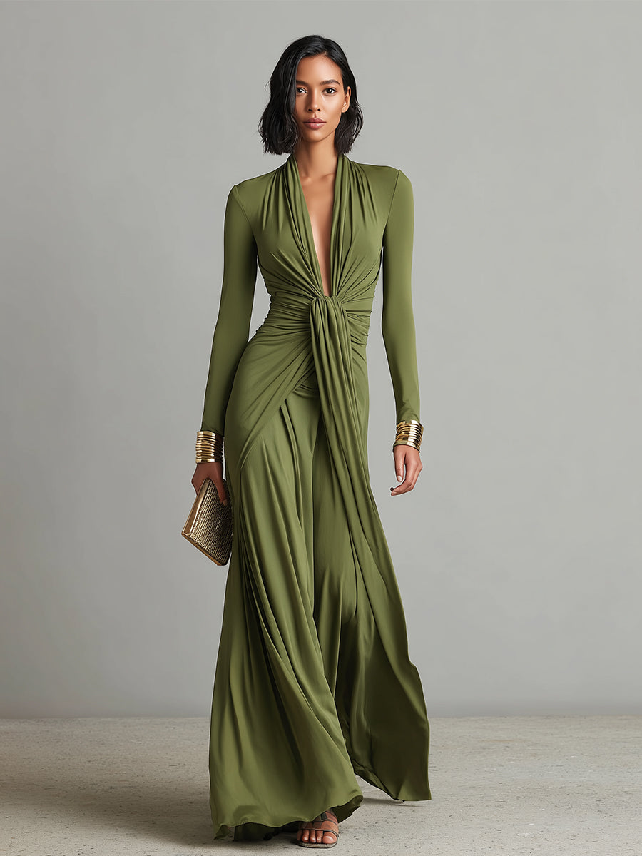 Deep V-Neck Long Sleeve Twist Front Maxi Dress 5