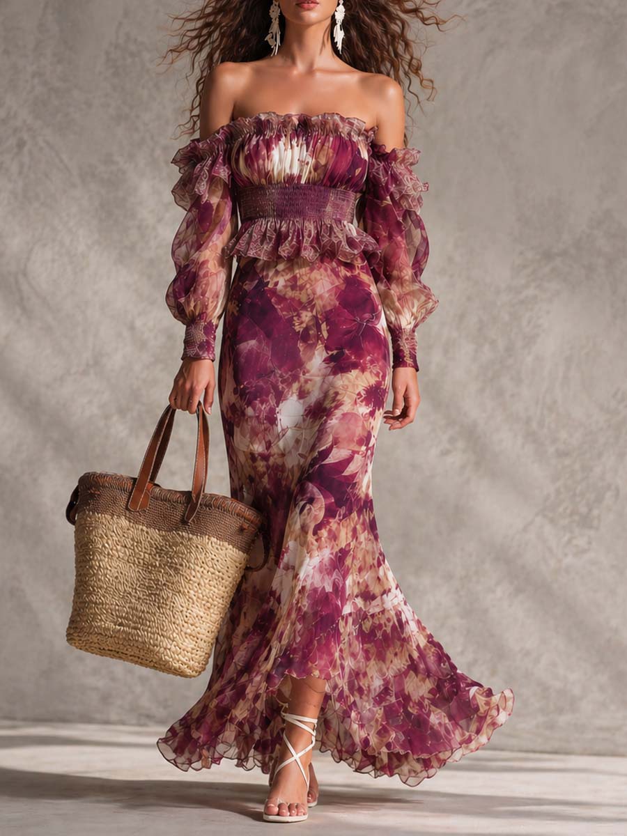 Floral Print Off Shoulder Long Sleeve Smocked Ruffle Maxi Dress