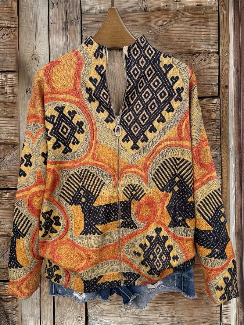 Aztec Print Zip Front Stand Collar Cardigan 2