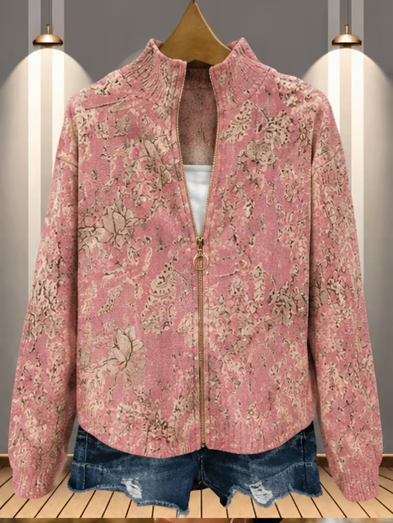 Floral Print High Neck Full Zip Long Sleeve Knit Cardigan 3