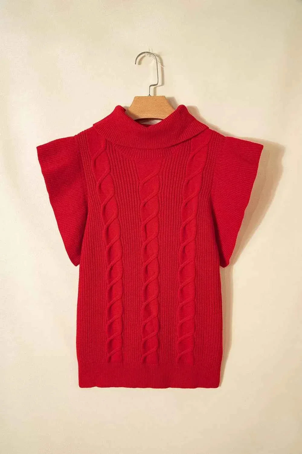 Cable Knit Turtleneck Ruffled Short Sleeve Sweater
