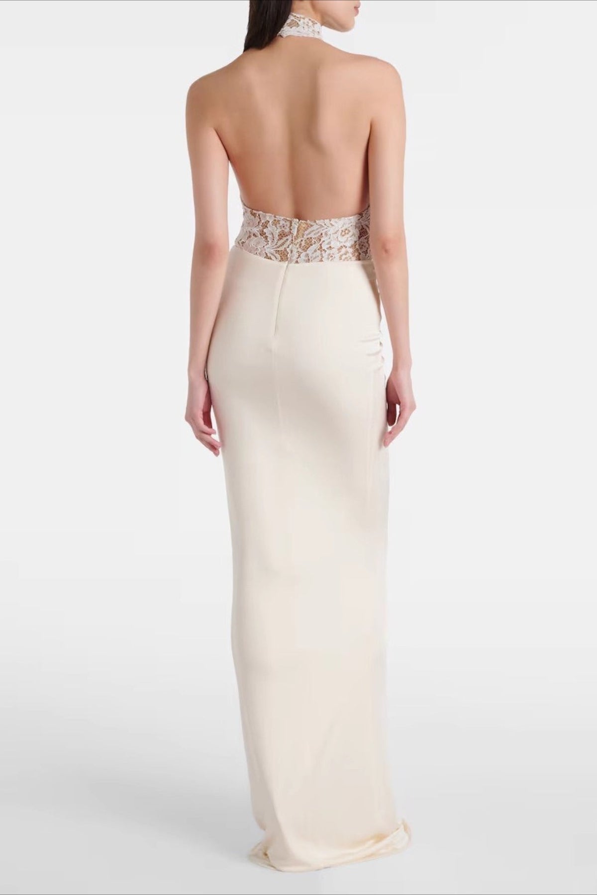 Floral Lace Halter Neck Backless High Split Satin Maxi Prom Gown - View 2