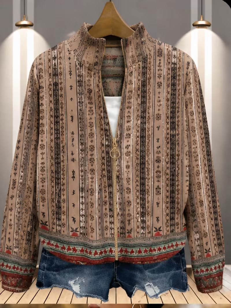 Ethnic Stripe Print Stand Collar Zip Jacket 4