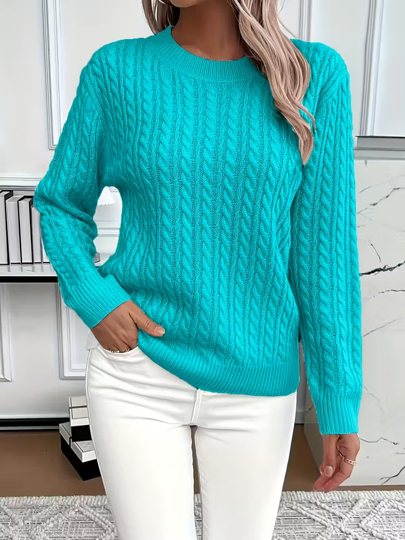 Crew Neck Long Sleeve Pointelle Cable Knit Sweater 7