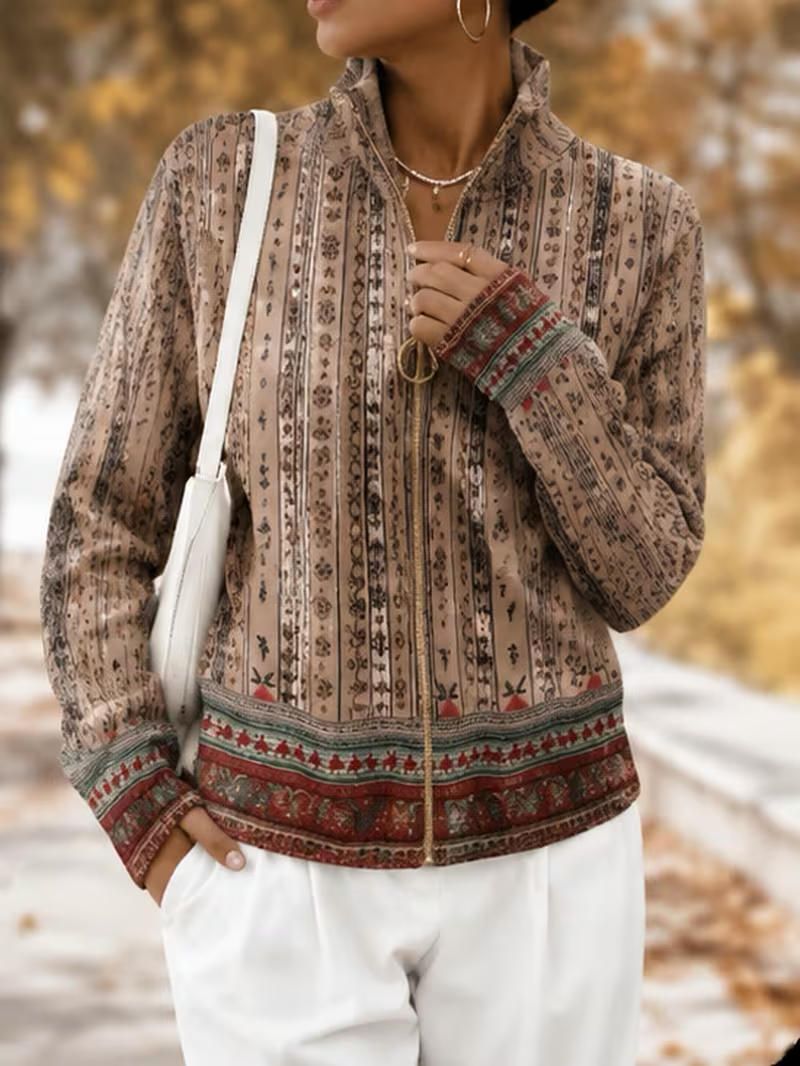 Ethnic Stripe Print Stand Collar Zip Jacket 2