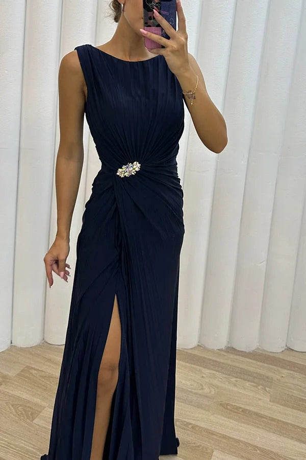 Crew Neck Sleeveless Micro Pleat Rhinestone Waist High Split Maxi Gown - View 8