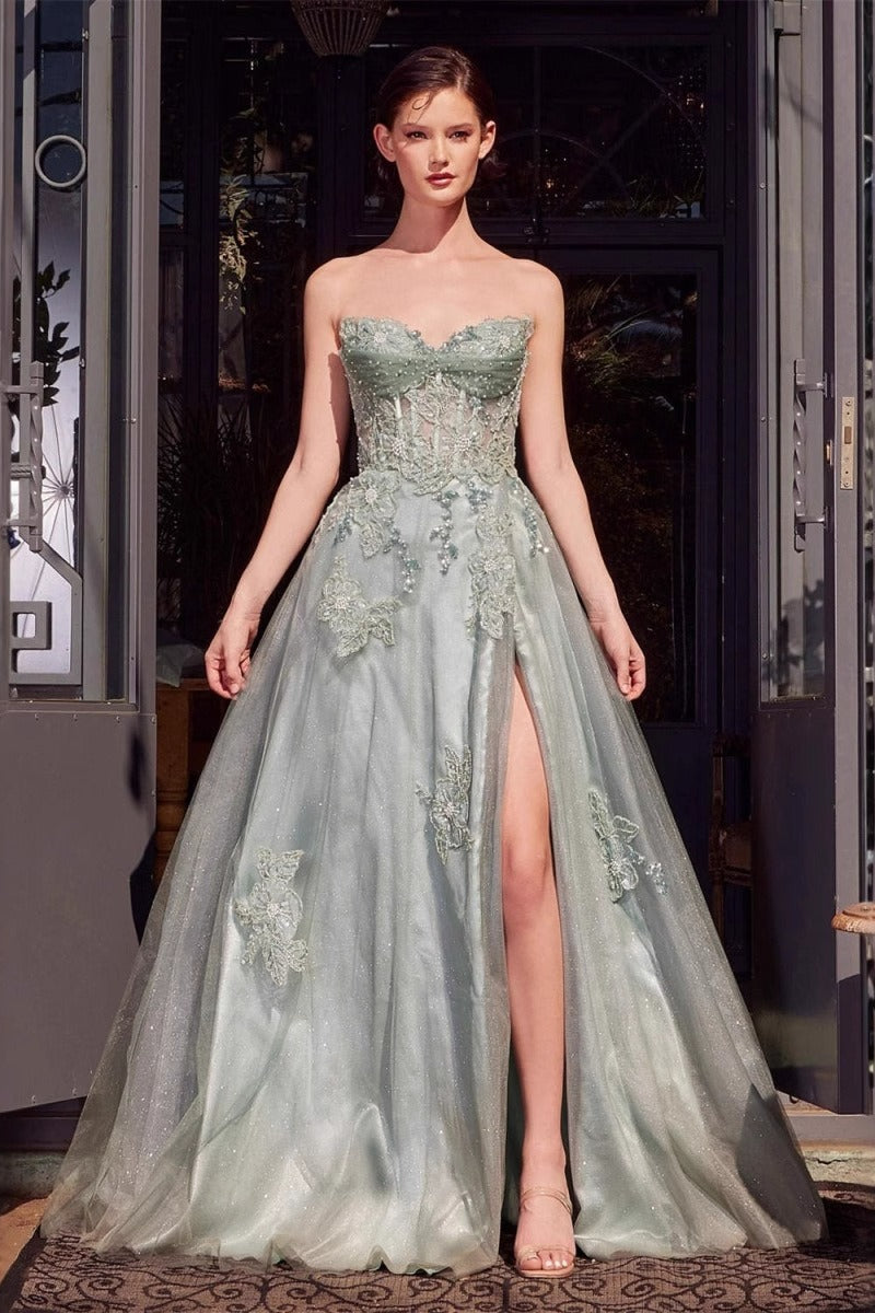 Strapless Sweetheart Lace Corset Glitter Tulle High Split Ball Gown 3