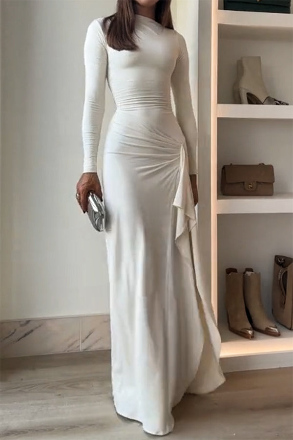 Venus Long Sleeve Ruched Side Slit Drape Ruffles Back Maxi Dress