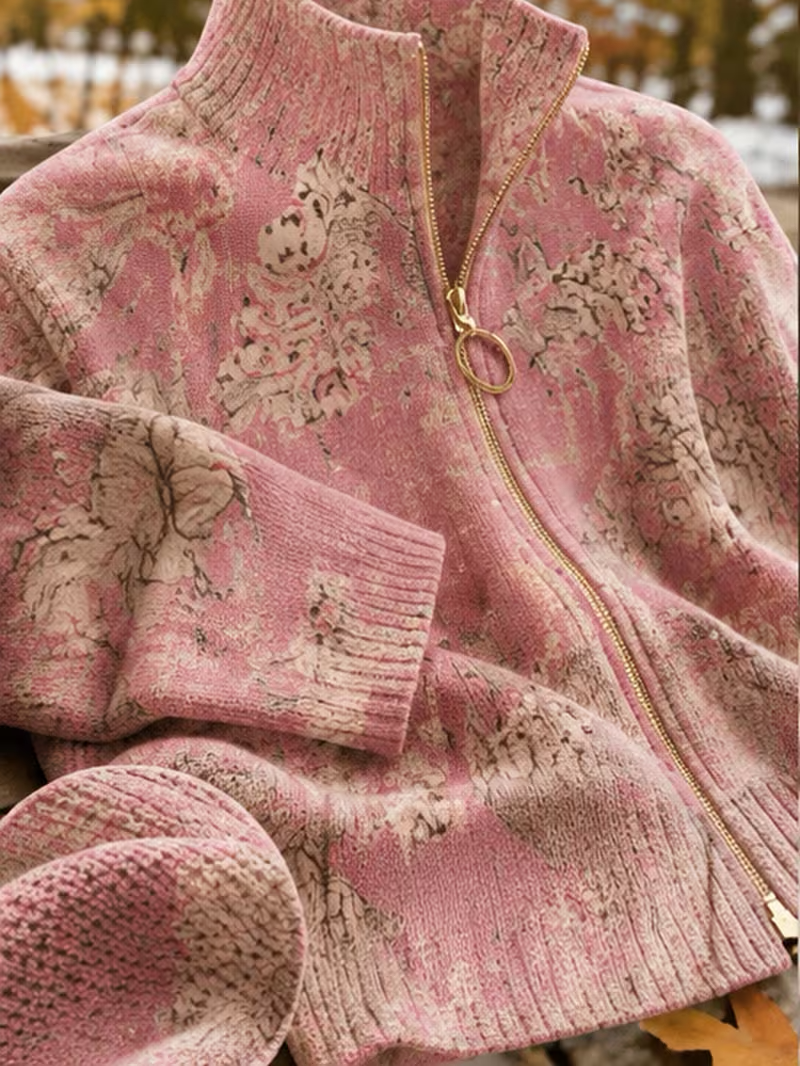 Floral Print High Neck Full Zip Long Sleeve Knit Cardigan 4