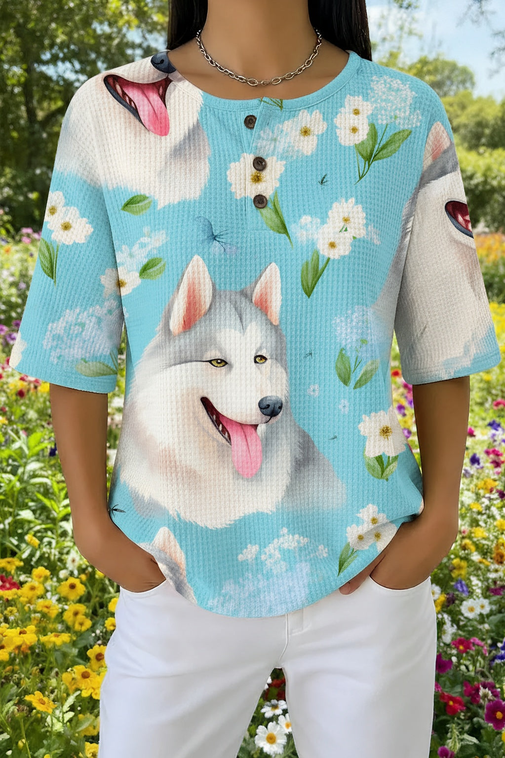 Husky Dog and Floral Print Button Henley Short Sleeve Waffle Top