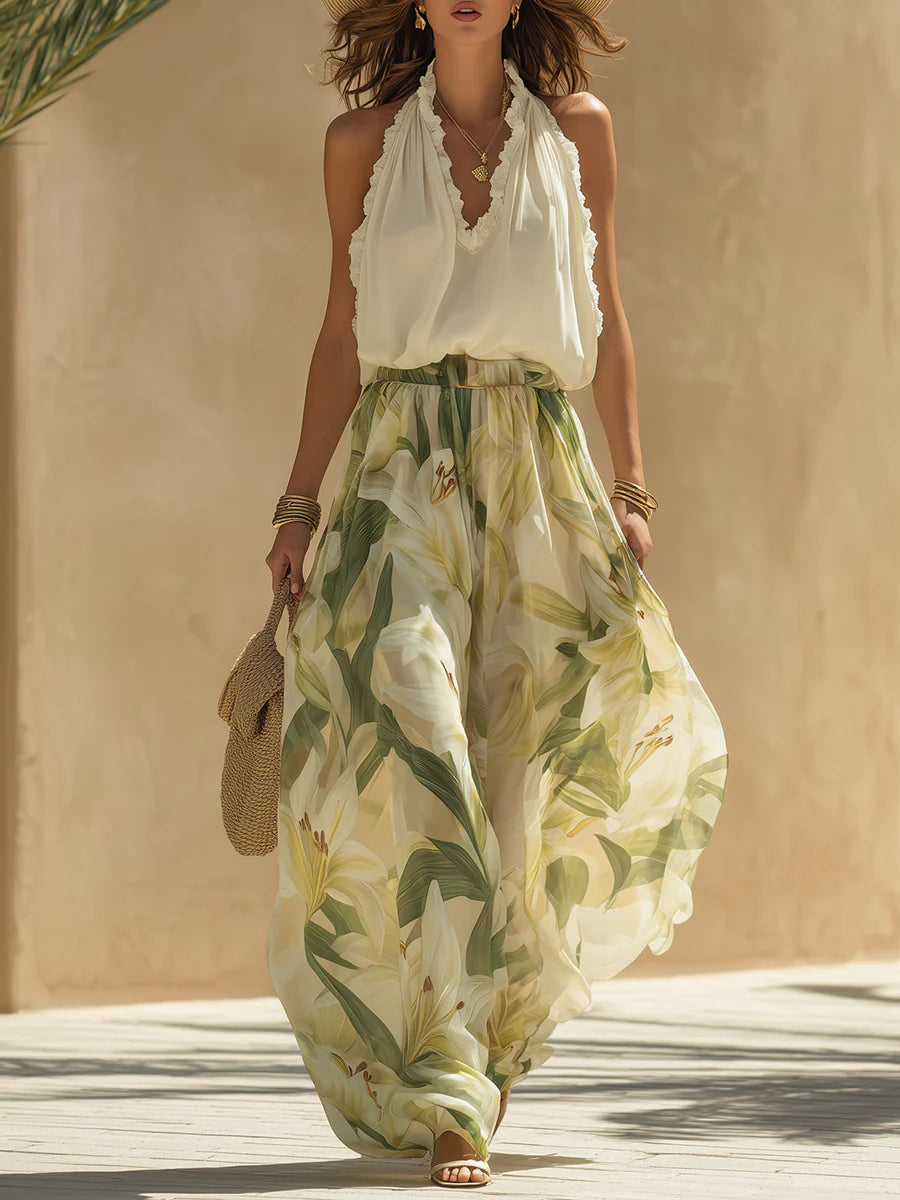 Ruffle Halter Neck Top and Lily Print Wide Leg Pants Two Piece Set