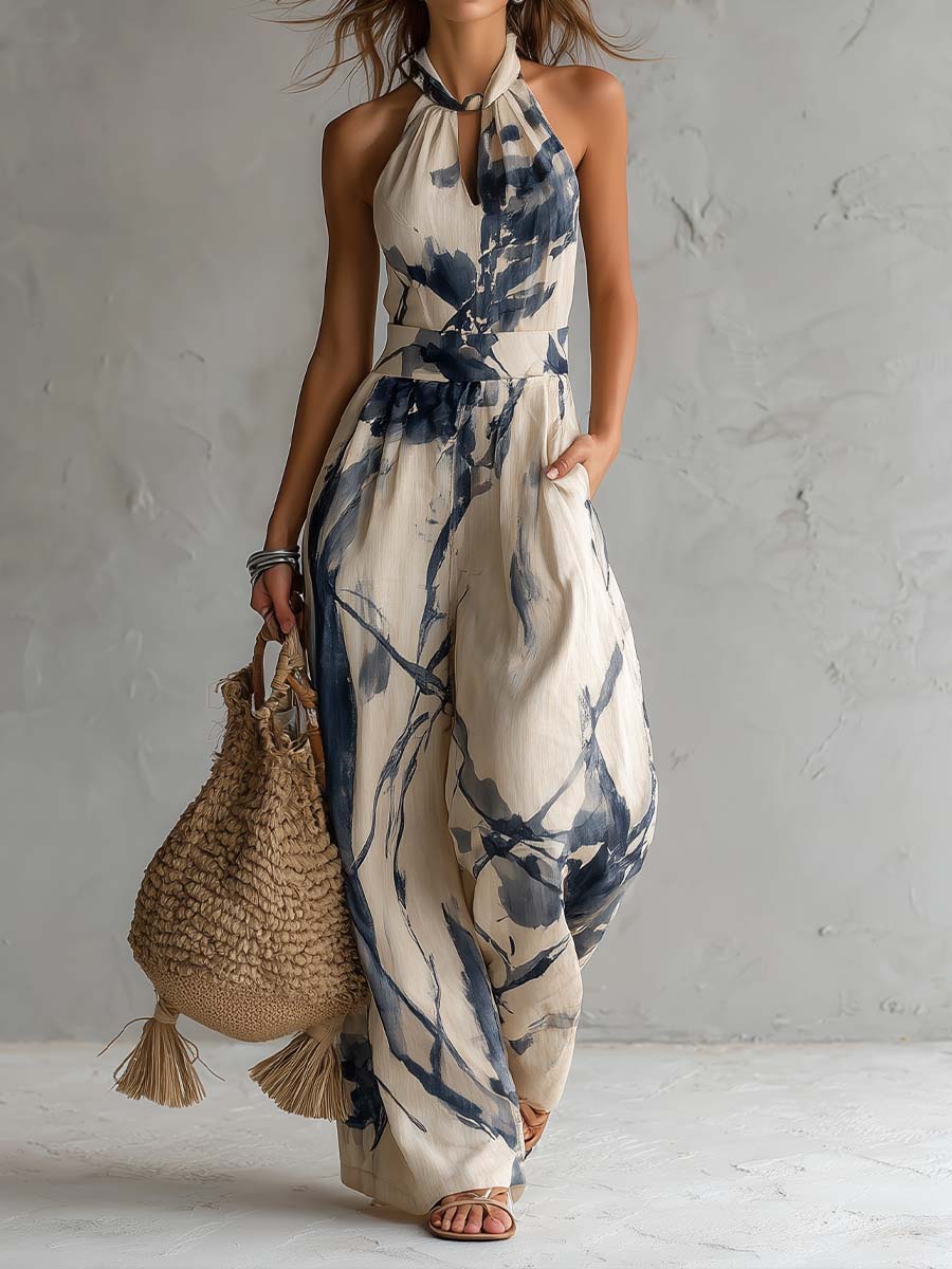 Ink Wash Print Halter Keyhole Wide Leg Jumpsuit