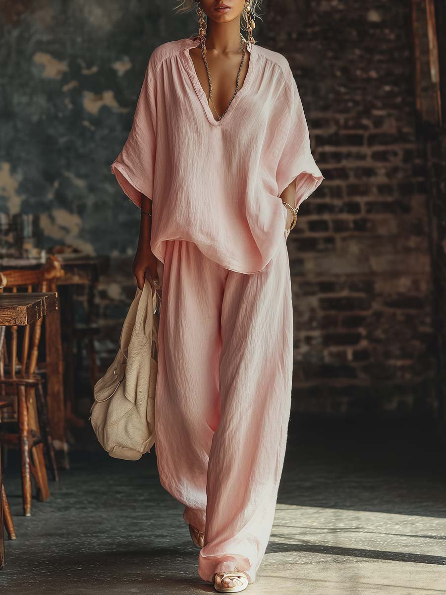 Split Neck Oversized Top and Wide Leg Pants Two Piece Set