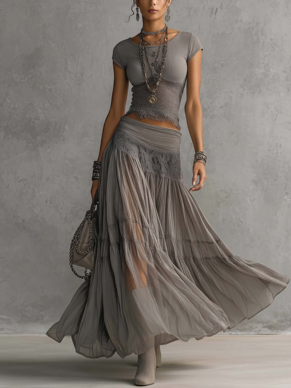 Cap Sleeve Lace Trim Top and Tiered Maxi Skirt Two Piece Set
