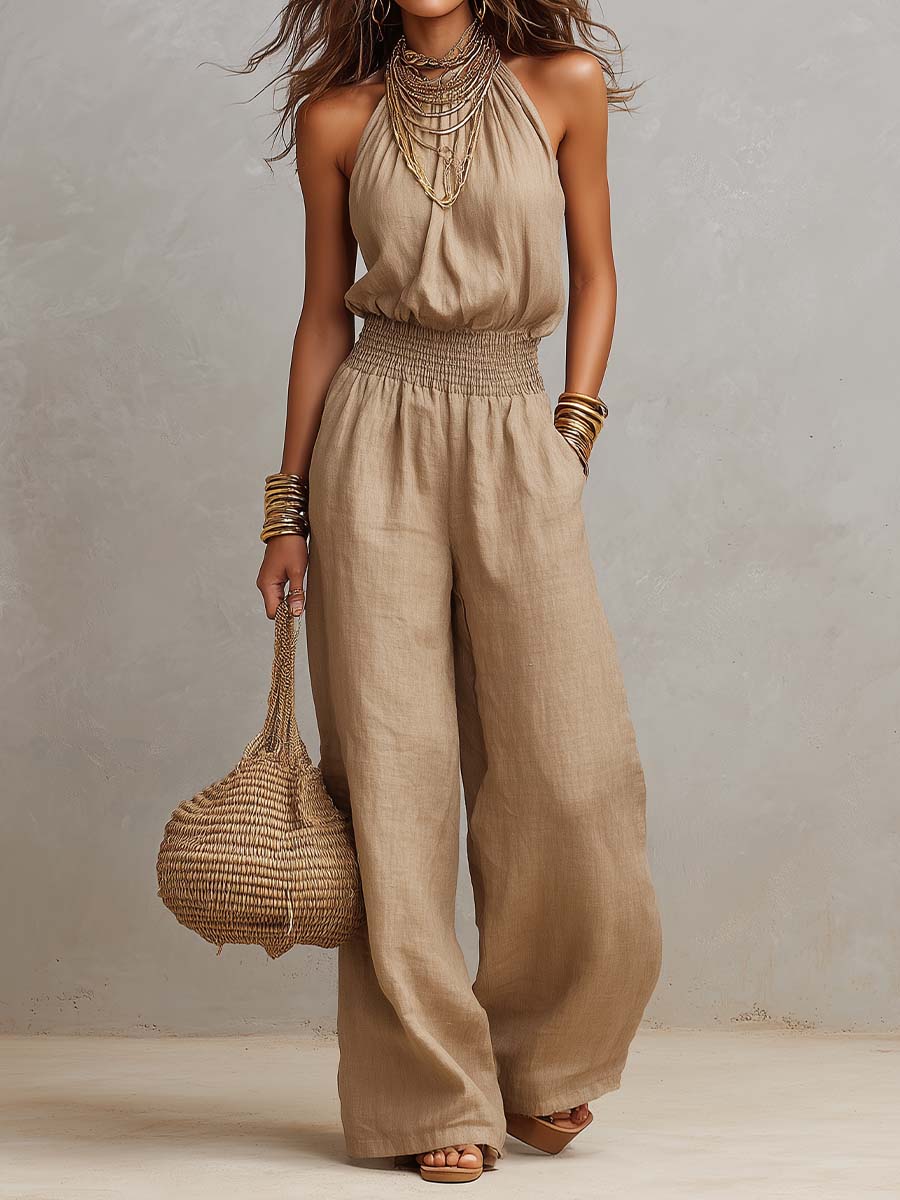 Halter Neck Smocked Waist Wide Leg Jumpsuit