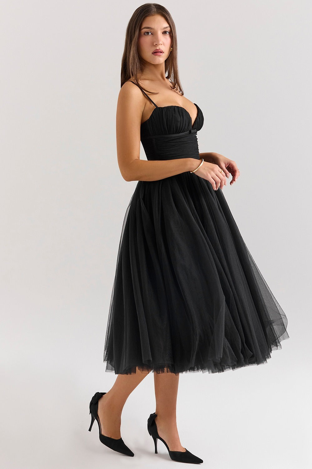 Tulle Sweetheart Spaghetti Strap Corset Fit and Flare Midi Dress - View 3