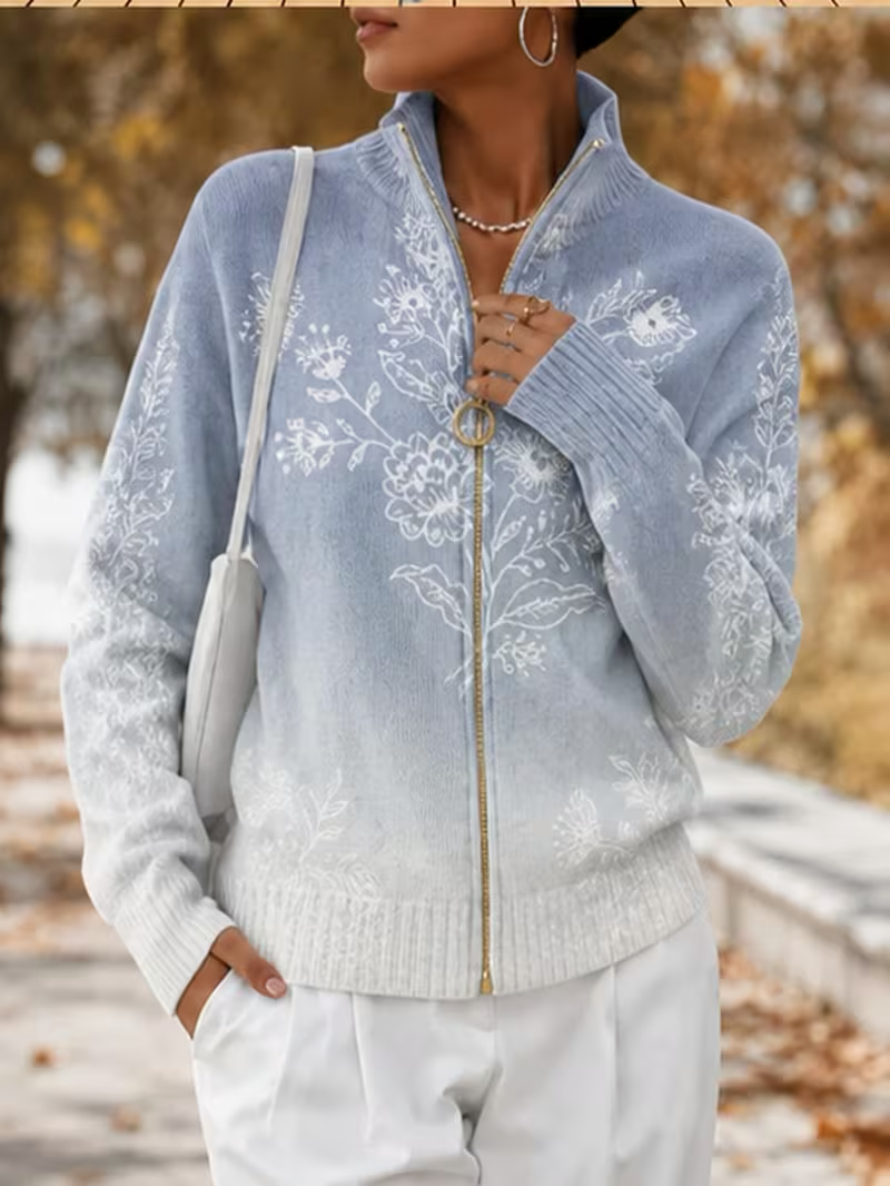 Floral Print Stand Collar Zip Front Knit Cardigan 3